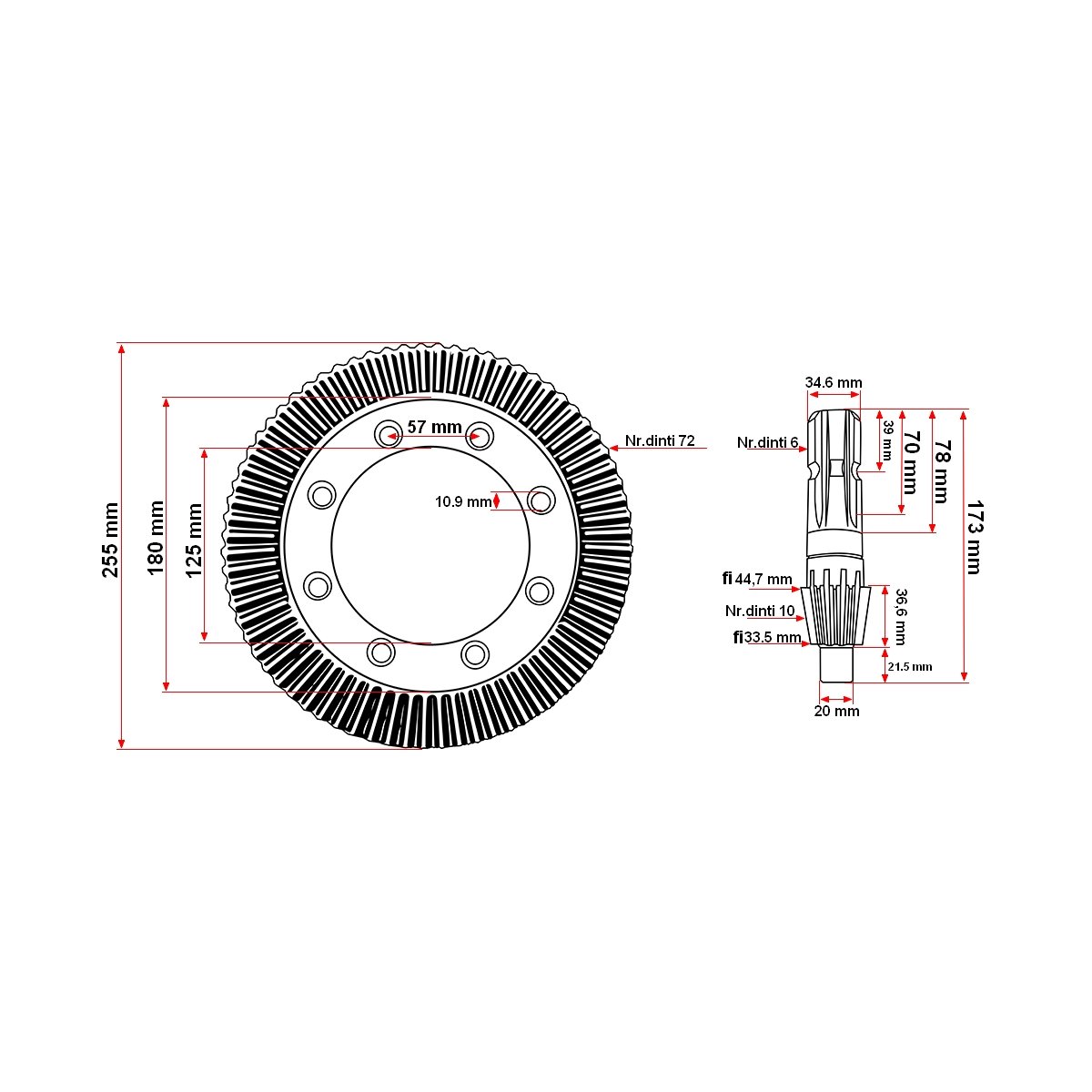 Grup conic Comer Z72/Z10 M3.55 pentru grebla Maschio Gaspardo Golia Seria: 250-300/330/380/410 coroana 0.792.6000.00 pinion 0.792.5000.00